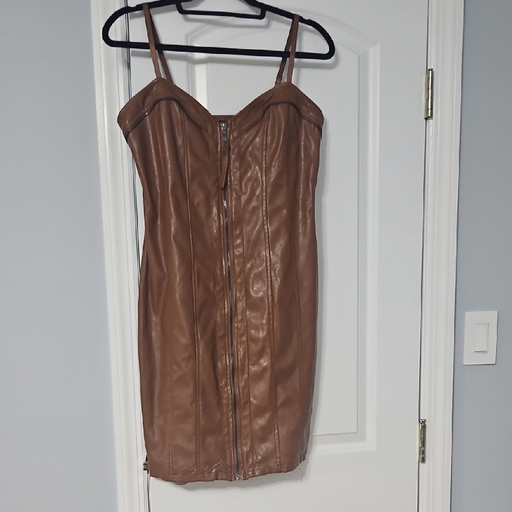 Brown Faux Leather Strap Dress